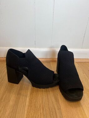 Eileen Fisher Black Knit Peep-Toe Block Heel Sandals